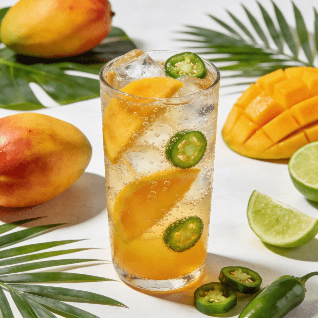 Zoomed-out front view of a mango jalapeño sparkling cooler with fresh mangoes, jalapeño slices, lime wedges, and tropical leaves on a bright summer setup.