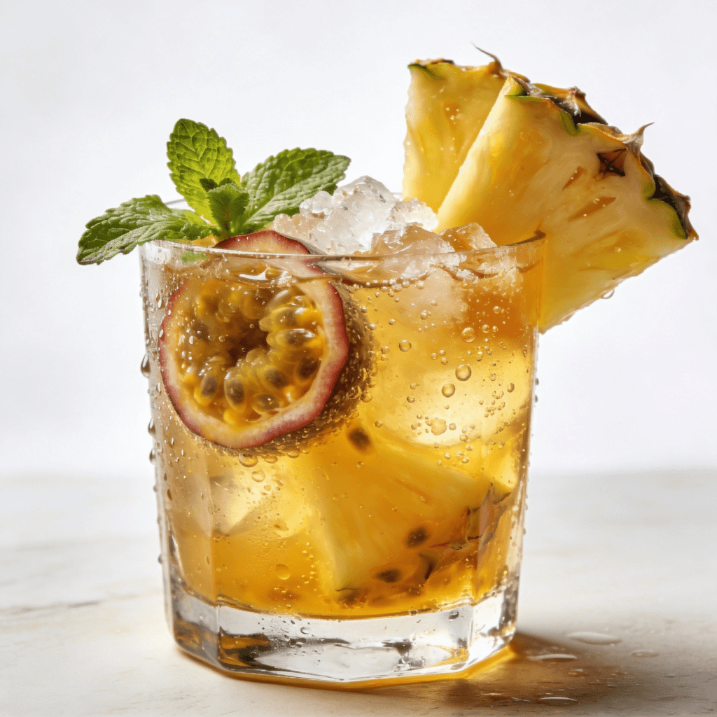 Close-up front view of a pineapple passion fruit mocktail with crushed ice, fresh pineapple garnish, and passion fruit pulp in a chilled tropical drink glass.