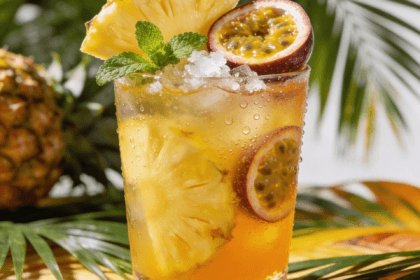Zoomed-out front view of a pineapple passion fruit mocktail with tropical fruits, crushed ice, mint, and palm leaves on a bright summer setup.