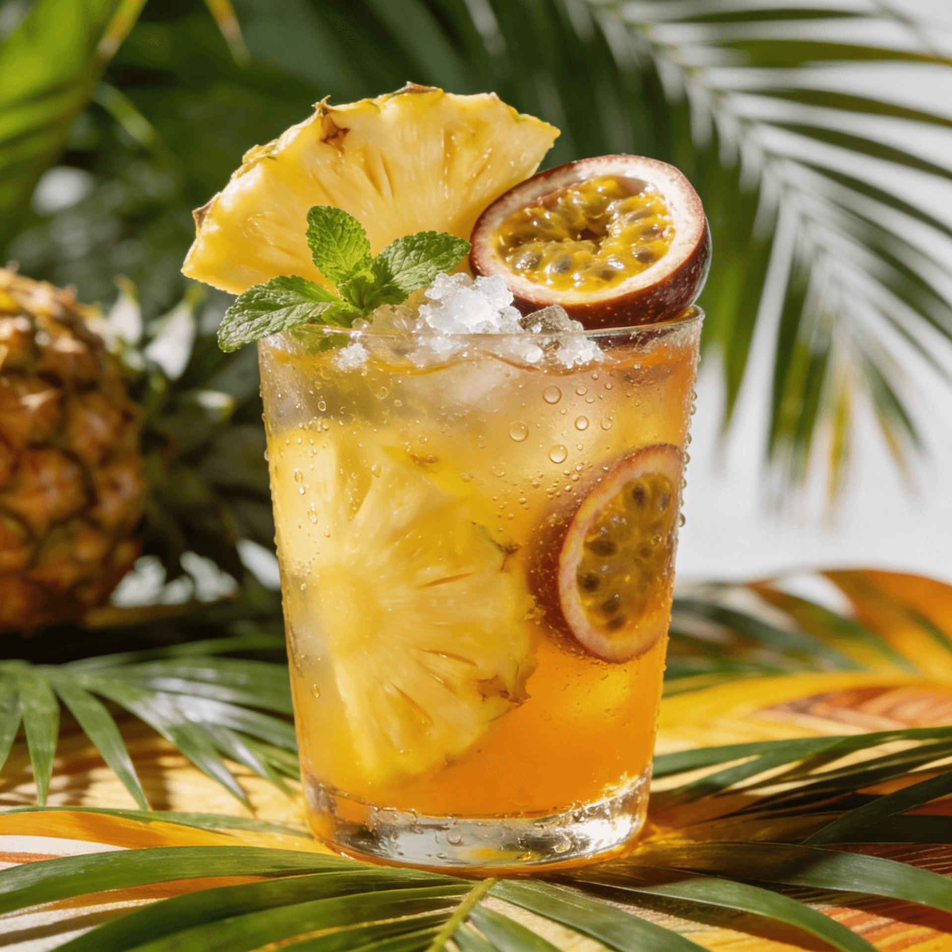 Zoomed-out front view of a pineapple passion fruit mocktail with tropical fruits, crushed ice, mint, and palm leaves on a bright summer setup.