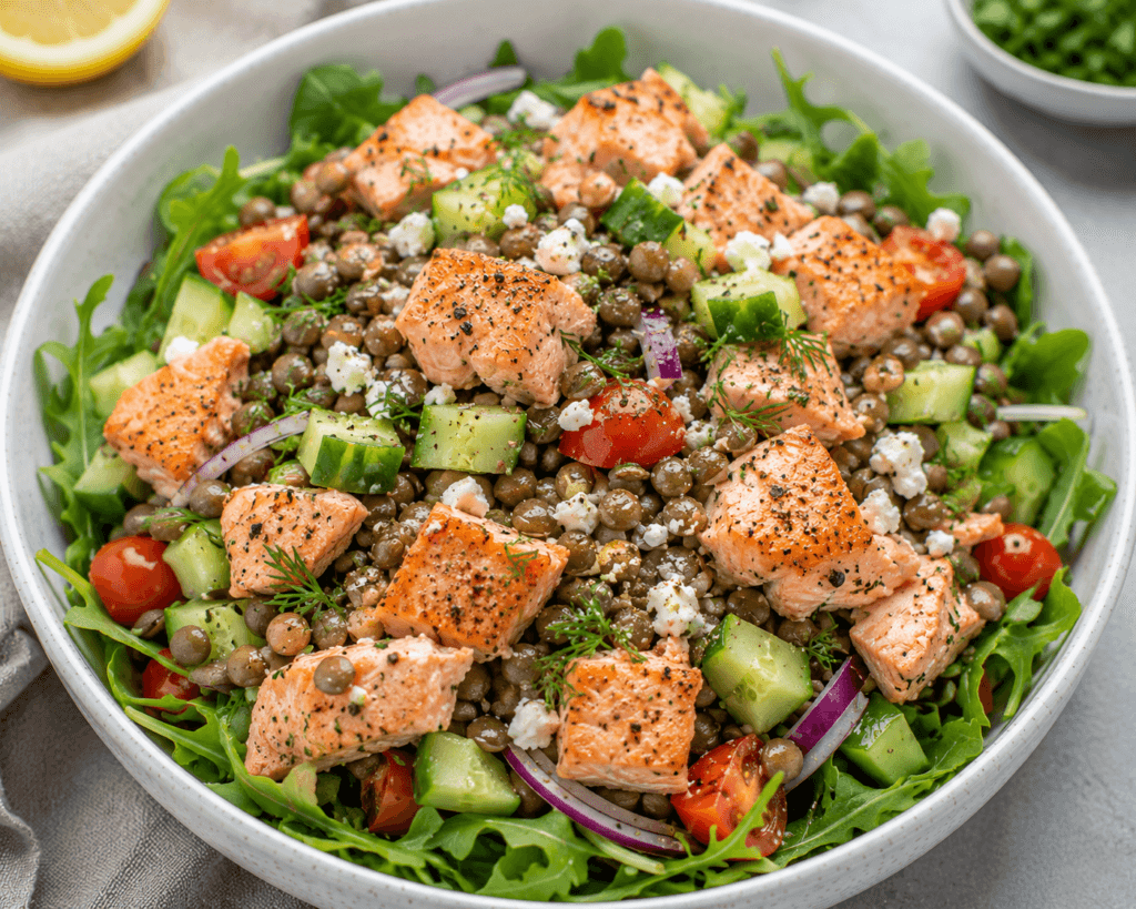 Salmon and Lentil Salad with flaky salmon, lentils, fresh vegetables, herbs, and leafy greens in a high-protein meal prep salad bowl.