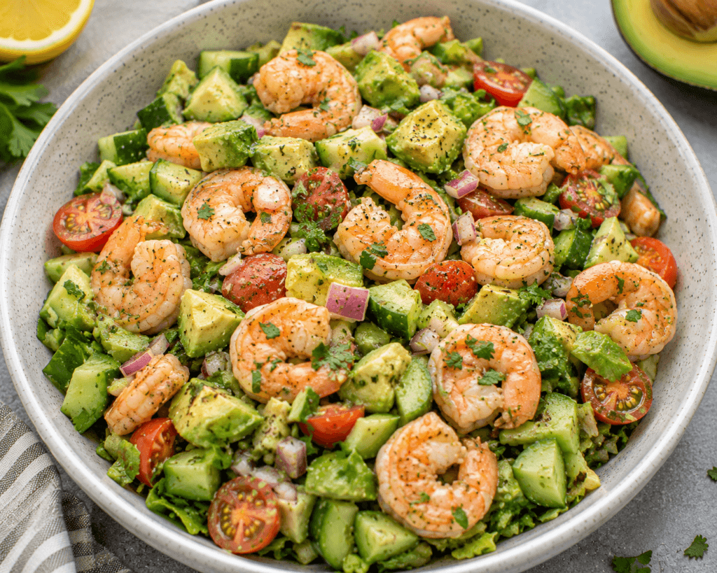 Shrimp and avocado salad with juicy shrimp, creamy avocado, fresh vegetables, and herbs in a protein-packed summer salad bowl.