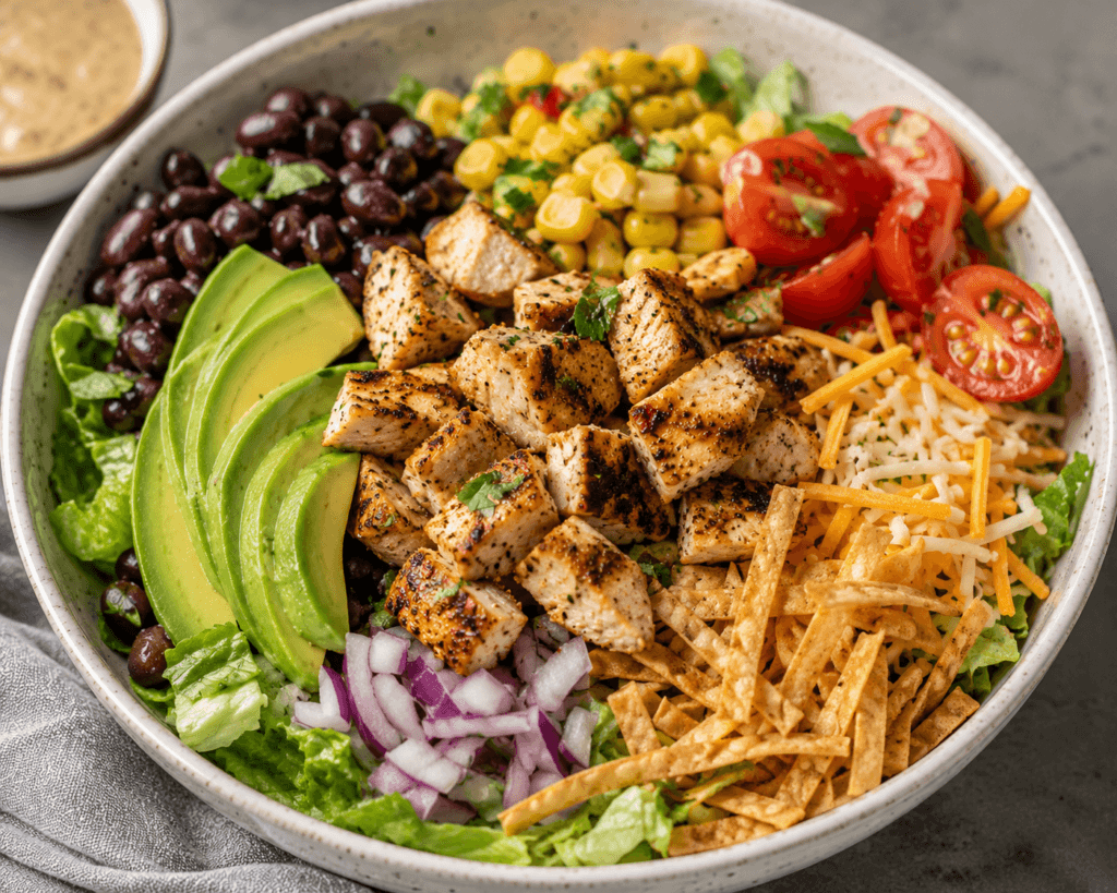 Southwest Chicken Salad Bowl with grilled chicken, avocado, black beans, corn, tomatoes, shredded cheese, tortilla strips, and crisp lettuce in a high-protein meal prep salad bowl.