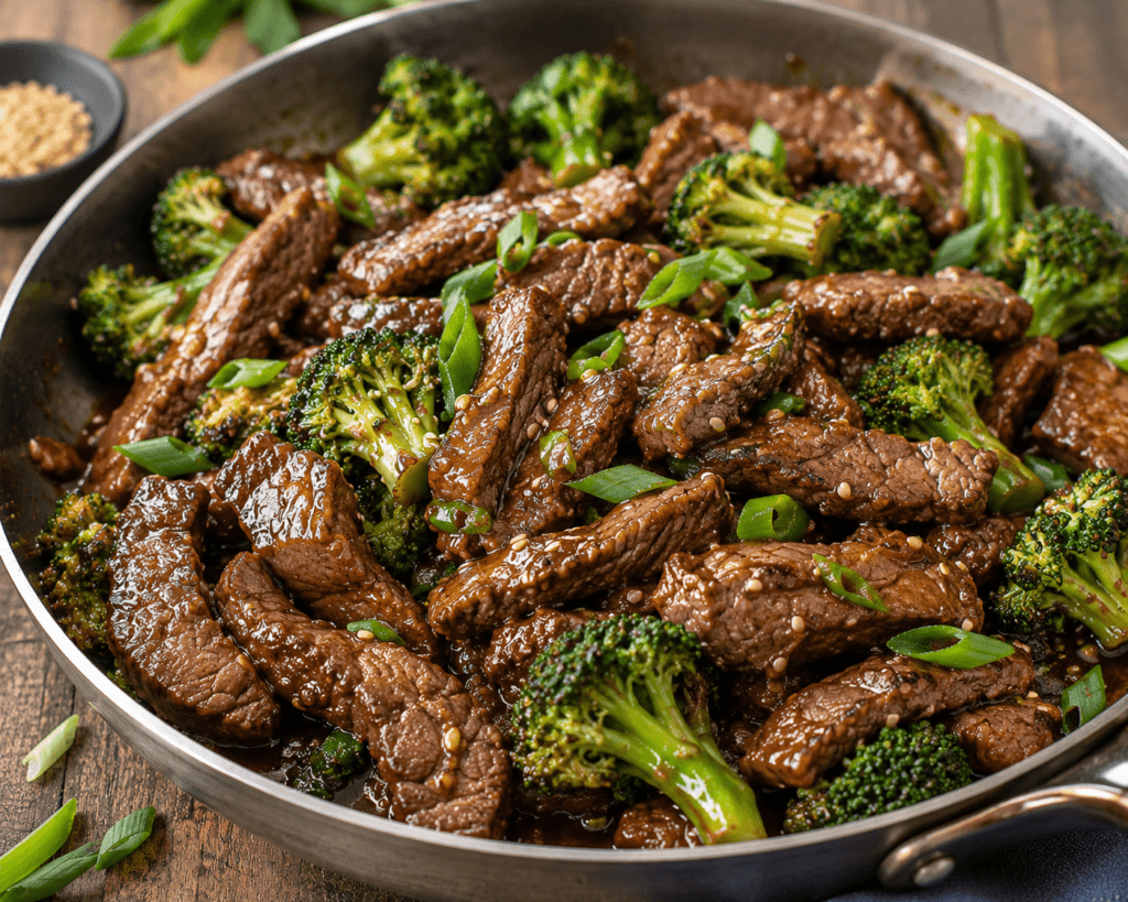 Steak and Broccoli Stir-Fry with tender beef strips, broccoli florets, savory stir-fry sauce, sesame seeds, and green onions in a skillet for a quick weeknight dinner.