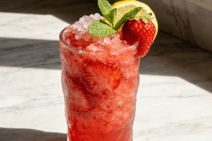 Close-up front view of Strawberry Mint Lemonade Cooler with fresh strawberries, mint leaves, lemon slices, crushed ice, and chilled summer drink styling.