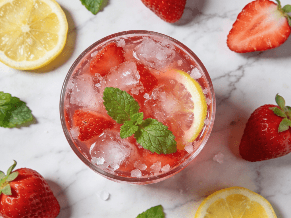 Top view of Strawberry Mint Lemonade Cooler with sliced lemons, strawberries, mint leaves, and icy lemonade in a refreshing summer beverage presentation.