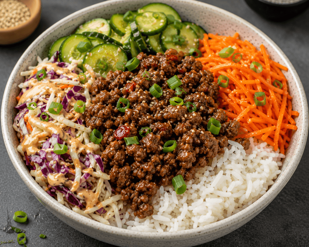 Viral Ground Beef Bowl with seasoned ground beef, rice, shredded carrots, cucumber slices, crunchy slaw, green onions, and bold sauce in a high-protein meal prep bowl.