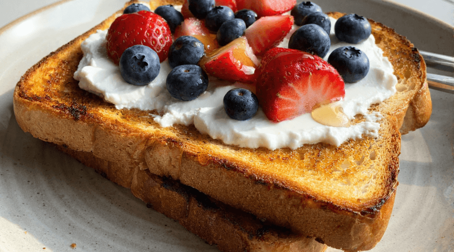 High-protein yogurt toast topped with strawberries blueberries and honey on crispy golden bread