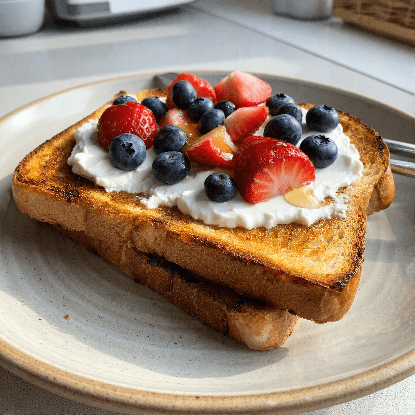 High-protein yogurt toast topped with strawberries blueberries and honey on crispy golden bread