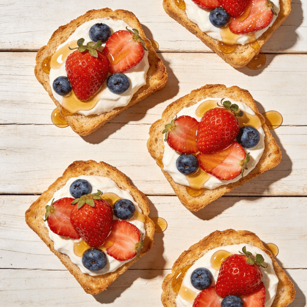 Top view of yogurt toast with berries and honey on crispy bread arranged on a wooden surface