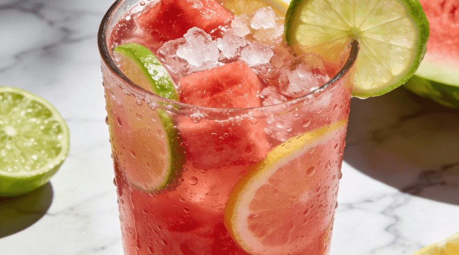 Close-up front view of Watermelon Lime Lemonade with fresh watermelon cubes, lime slices, lemon wedges, crushed ice, and chilled summer drink presentation.