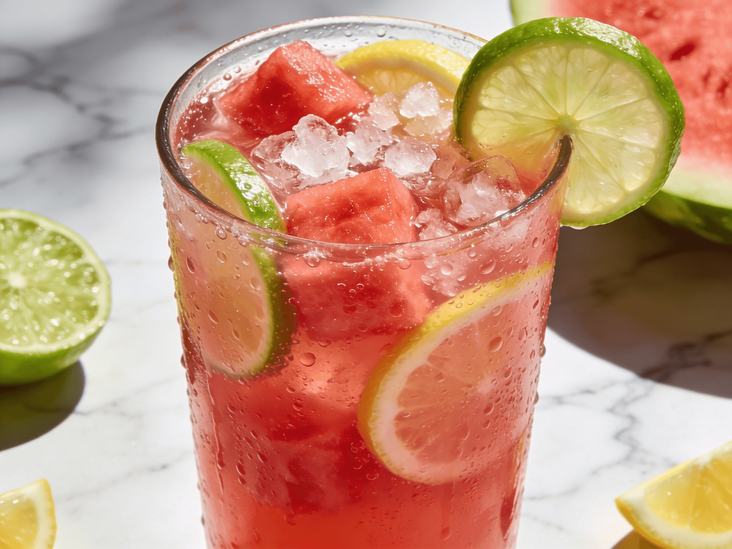 Close-up front view of Watermelon Lime Lemonade with fresh watermelon cubes, lime slices, lemon wedges, crushed ice, and chilled summer drink presentation.