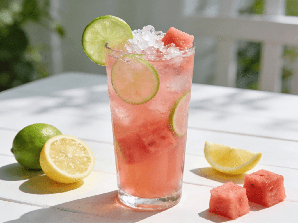 Zoomed-out front view of Watermelon Lime Lemonade served with fresh watermelon, lime slices, lemon wedges, and crushed ice in a refreshing summer drink setup.