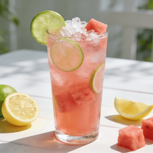 Zoomed-out front view of Watermelon Lime Lemonade served with fresh watermelon, lime slices, lemon wedges, and crushed ice in a refreshing summer drink setup.