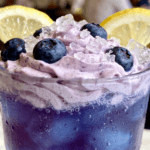 Close-up front view of creamy Whipped Blueberry Lemonade with fresh blueberries, lemon slices, whipped topping, and crushed ice in a frosted glass.