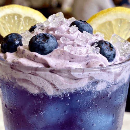 Close-up front view of creamy Whipped Blueberry Lemonade with fresh blueberries, lemon slices, whipped topping, and crushed ice in a frosted glass.