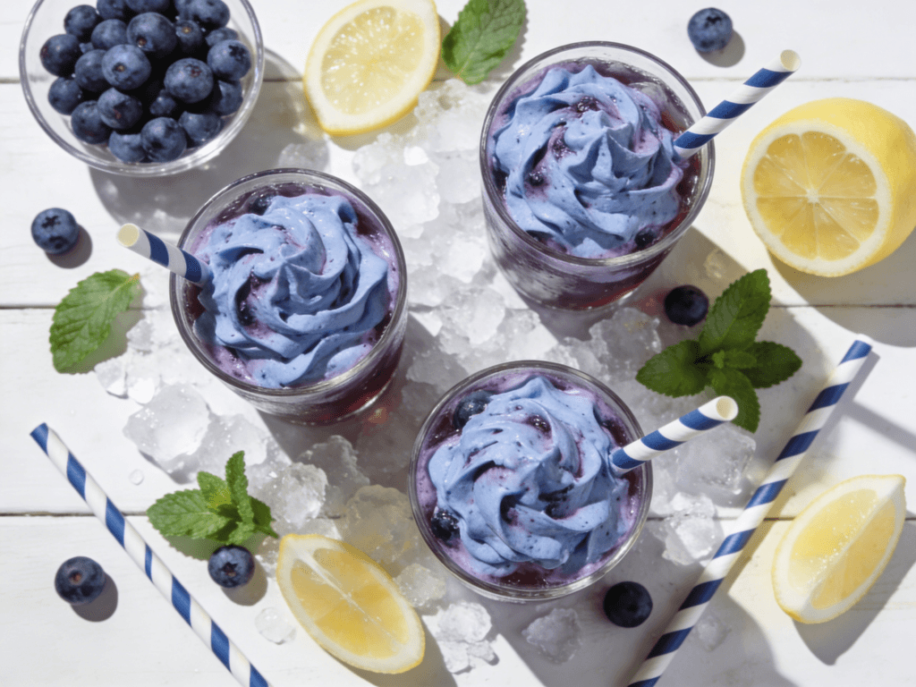 Top view of Whipped Blueberry Lemonade drinks with whipped blueberry topping, fresh blueberries, lemon slices, mint leaves, and ice on a summer table.