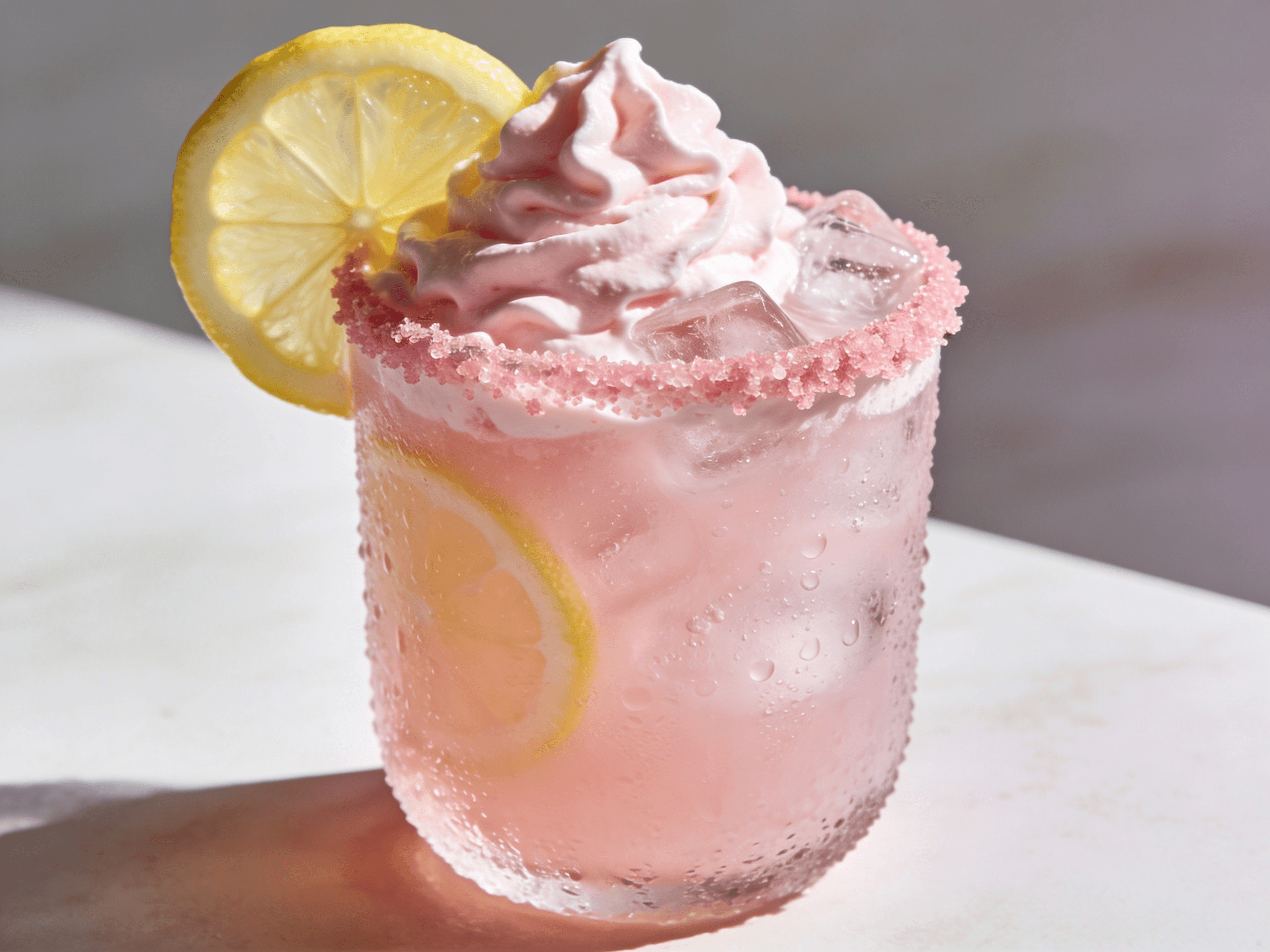 Close-up front view of creamy Whipped Pink Lemonade with fluffy pink topping, fresh lemon slices, and ice in a frosted glass.