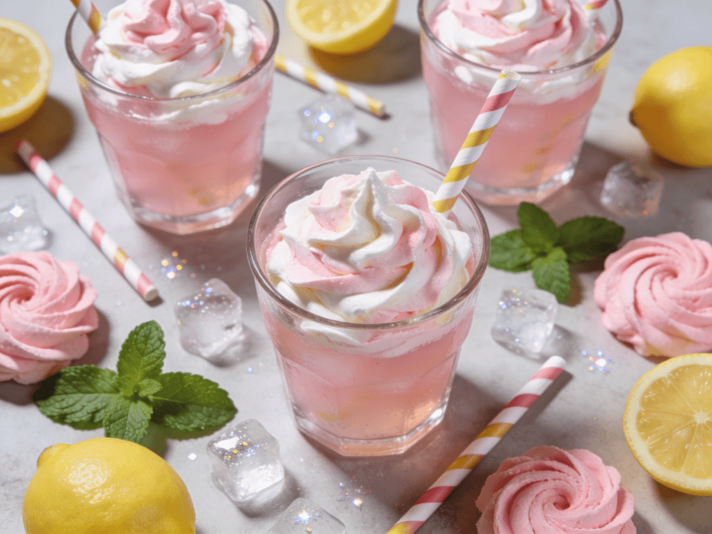 Top view of Whipped Pink Lemonade drinks with whipped topping, lemon slices, mint leaves, and ice on a summer table setting.