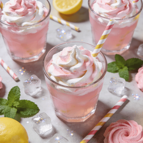 Top view of Whipped Pink Lemonade drinks with whipped topping, lemon slices, mint leaves, and ice on a summer table setting.