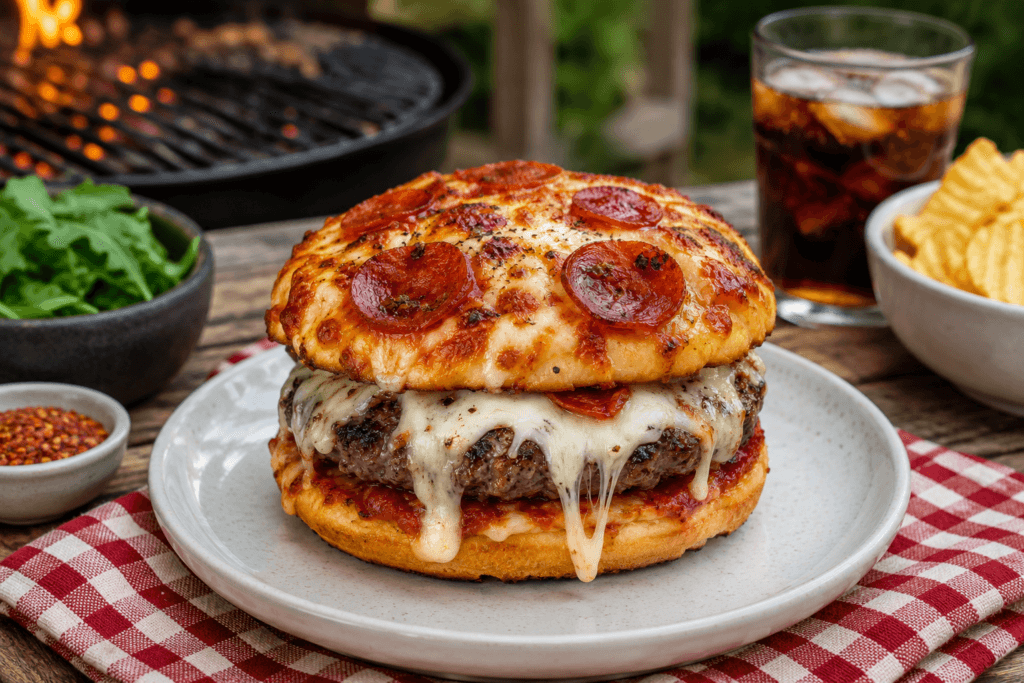 Zoomed-out backyard barbecue scene with grilled pizza burger, mozzarella pull, chips, soda, and outdoor grill in the background.
