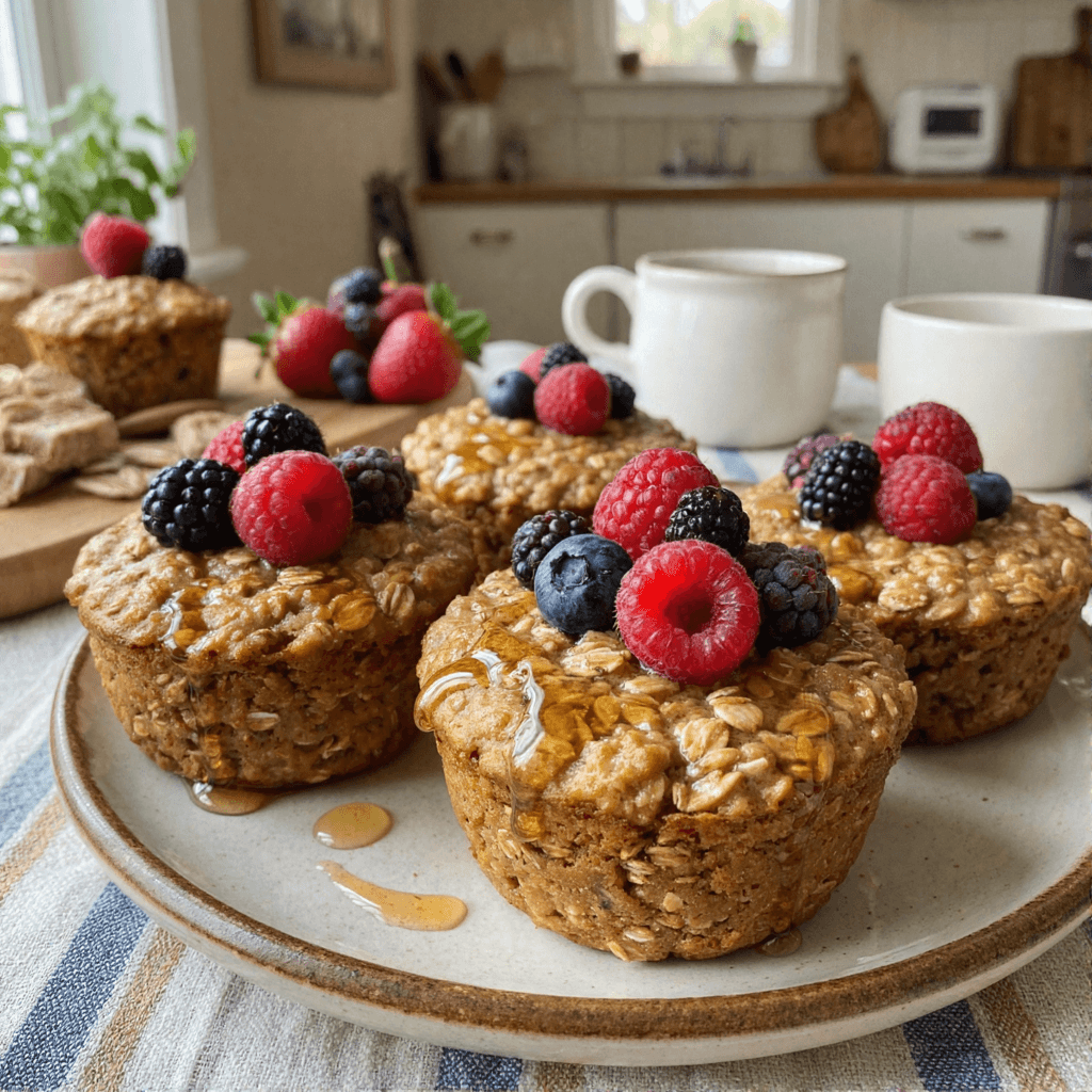 High-protein baked oatmeal cups with berries and honey on a plate for healthy breakfast
