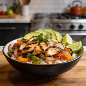 High-protein chicken fajita bowl with grilled chicken, peppers, onions, rice, and avocado