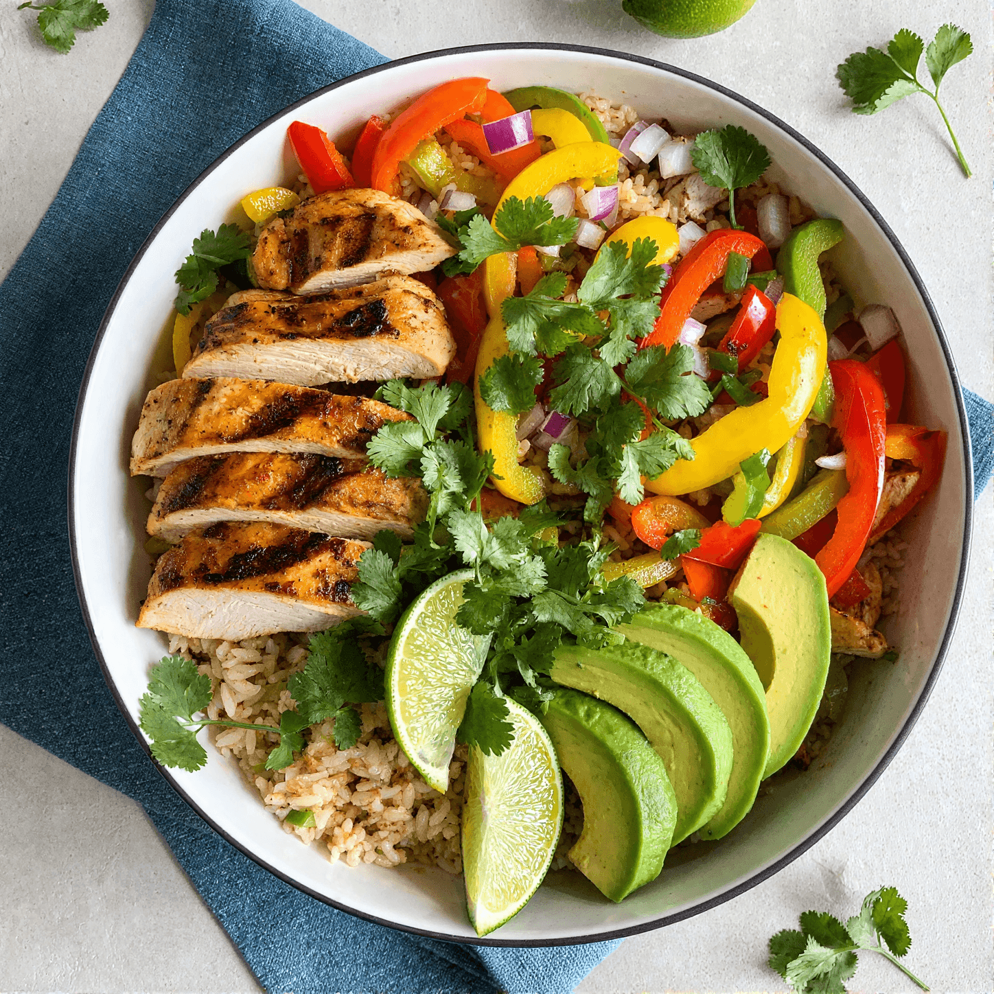 Top view of chicken fajita bowl with rice, grilled chicken, peppers, avocado, and lime