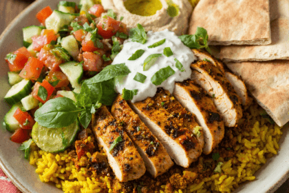 High-protein chicken shawarma bowl with rice, vegetables, hummus, and yogurt sauce