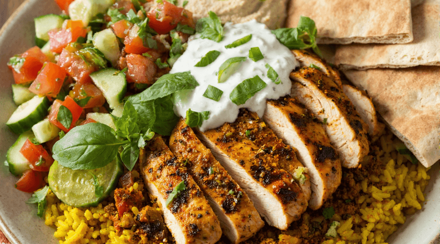 High-protein chicken shawarma bowl with rice, vegetables, hummus, and yogurt sauce