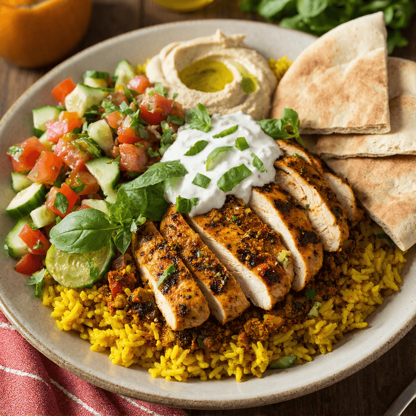 High-protein chicken shawarma bowl with rice, vegetables, hummus, and yogurt sauce