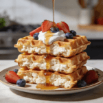 High-protein cottage cheese waffles stacked with berries, syrup, and yogurt for a healthy breakfast