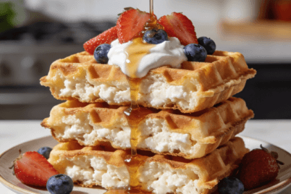 High-protein cottage cheese waffles stacked with berries, syrup, and yogurt for a healthy breakfast