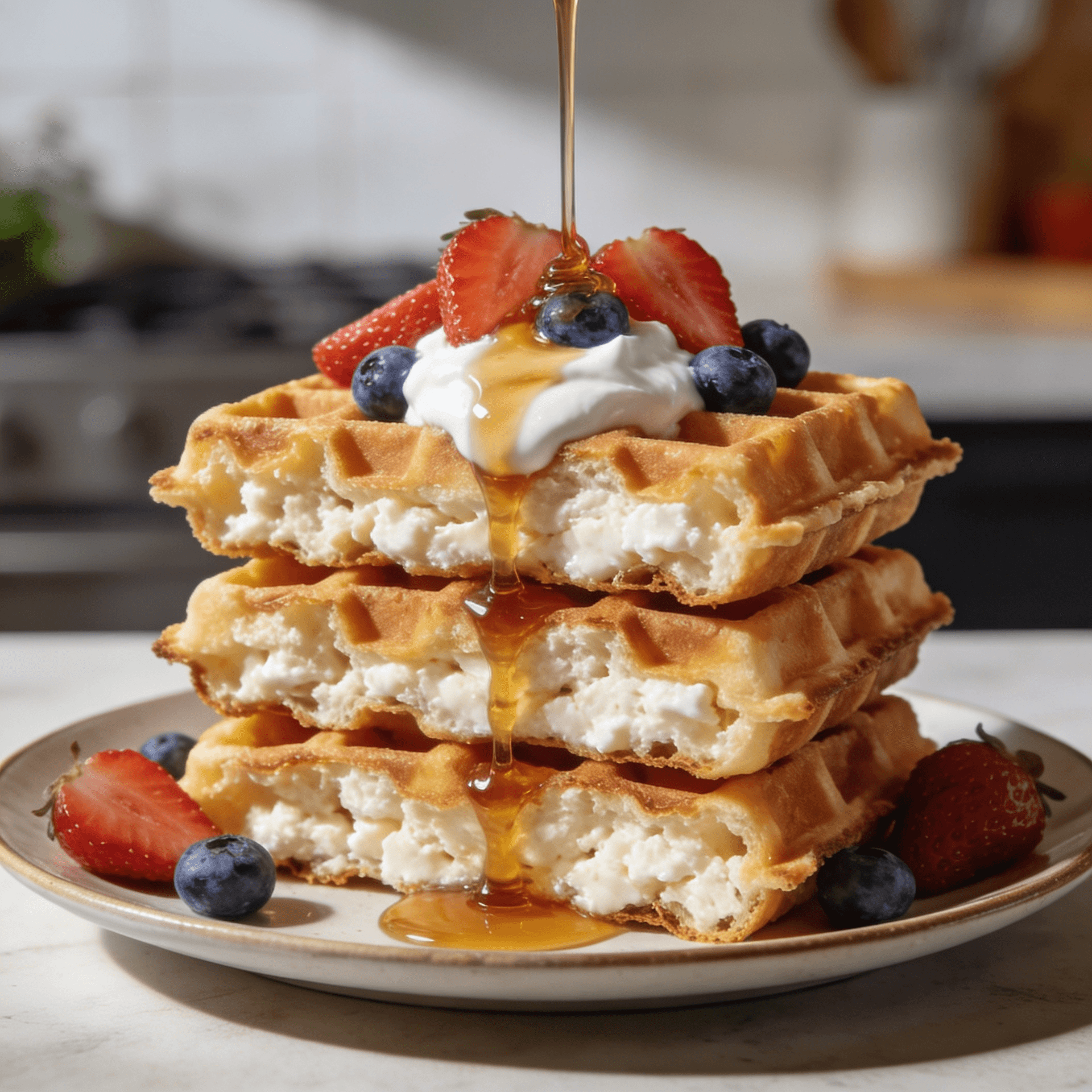 High-protein cottage cheese waffles stacked with berries, syrup, and yogurt for a healthy breakfast