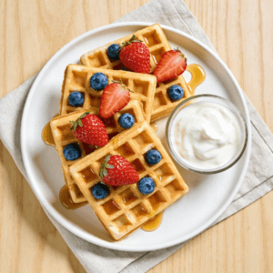 Top view of cottage cheese protein waffles with berries and syrup on a breakfast table