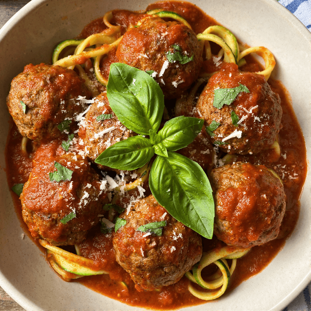 High-protein turkey meatball marinara with tomato sauce, basil, and parmesan over pasta