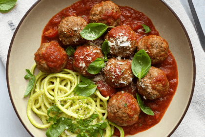 Top view of turkey meatball marinara with basil and parmesan in tomato sauce