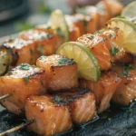 Close-up of BBQ honey lime salmon skewers with grilled salmon, citrus glaze, fresh herbs, and charred vegetables.