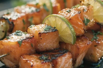 Close-up of BBQ honey lime salmon skewers with grilled salmon, citrus glaze, fresh herbs, and charred vegetables.