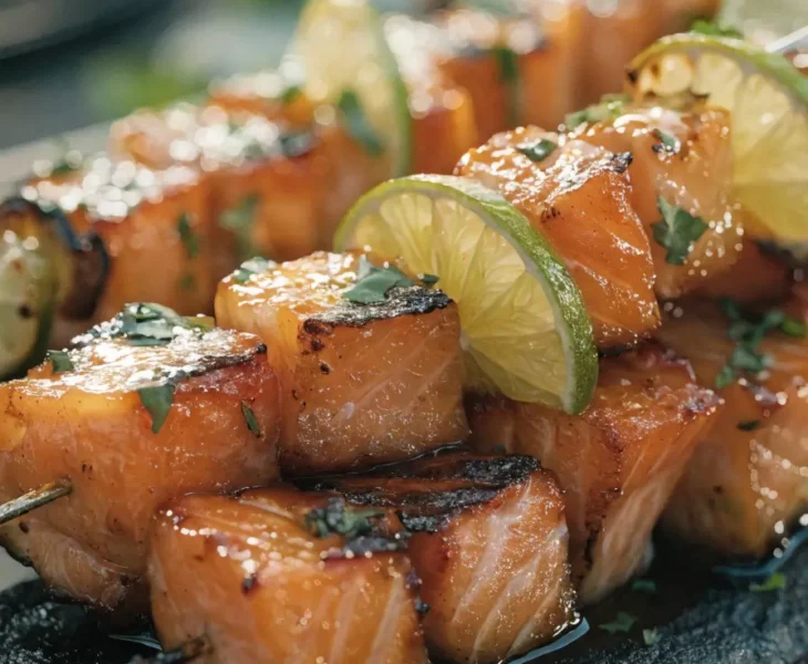 Close-up of BBQ honey lime salmon skewers with grilled salmon, citrus glaze, fresh herbs, and charred vegetables.