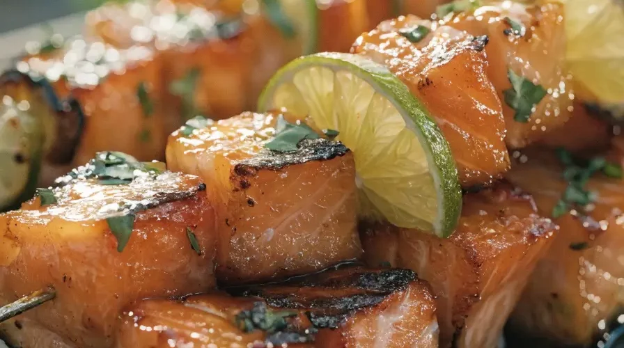 Close-up of BBQ honey lime salmon skewers with grilled salmon, citrus glaze, fresh herbs, and charred vegetables.
