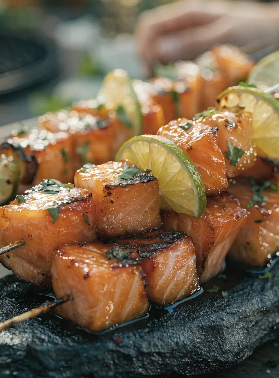 Close-up of BBQ honey lime salmon skewers with grilled salmon, citrus glaze, fresh herbs, and charred vegetables.