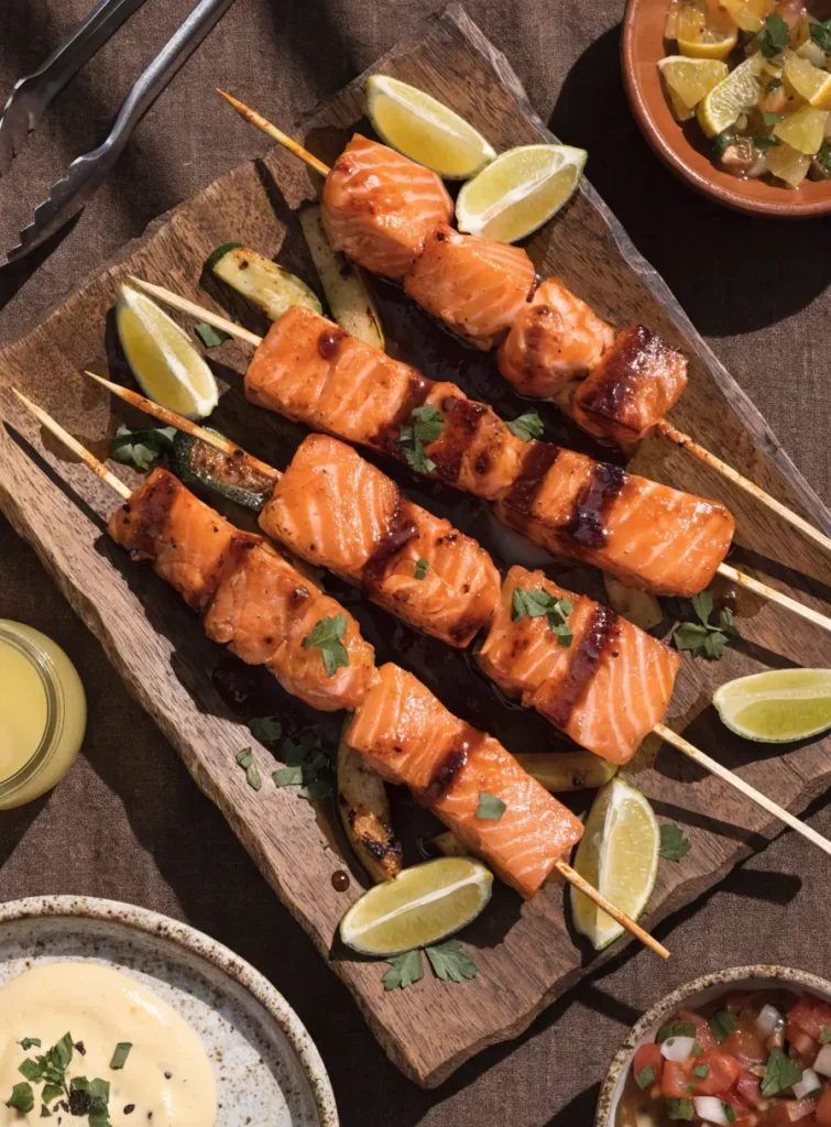 Overhead view of BBQ honey lime salmon skewers served with citrus garnishes and grilled vegetables.