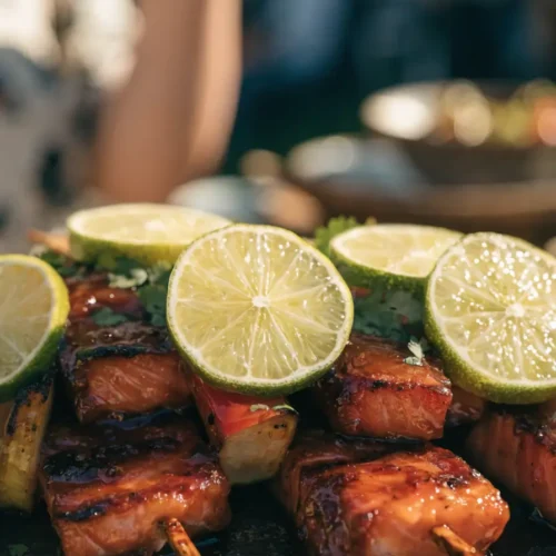 Front-view platter of grilled honey lime salmon skewers with lime wedges, herbs, and caramelized glaze.