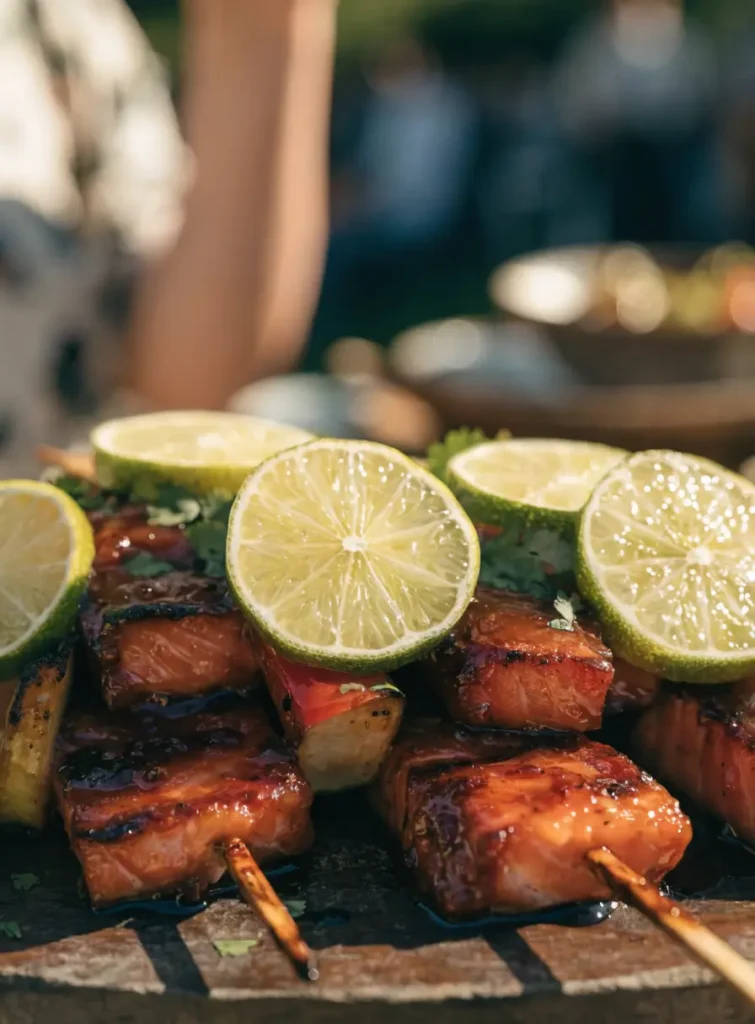 Front-view platter of grilled honey lime salmon skewers with lime wedges, herbs, and caramelized glaze.