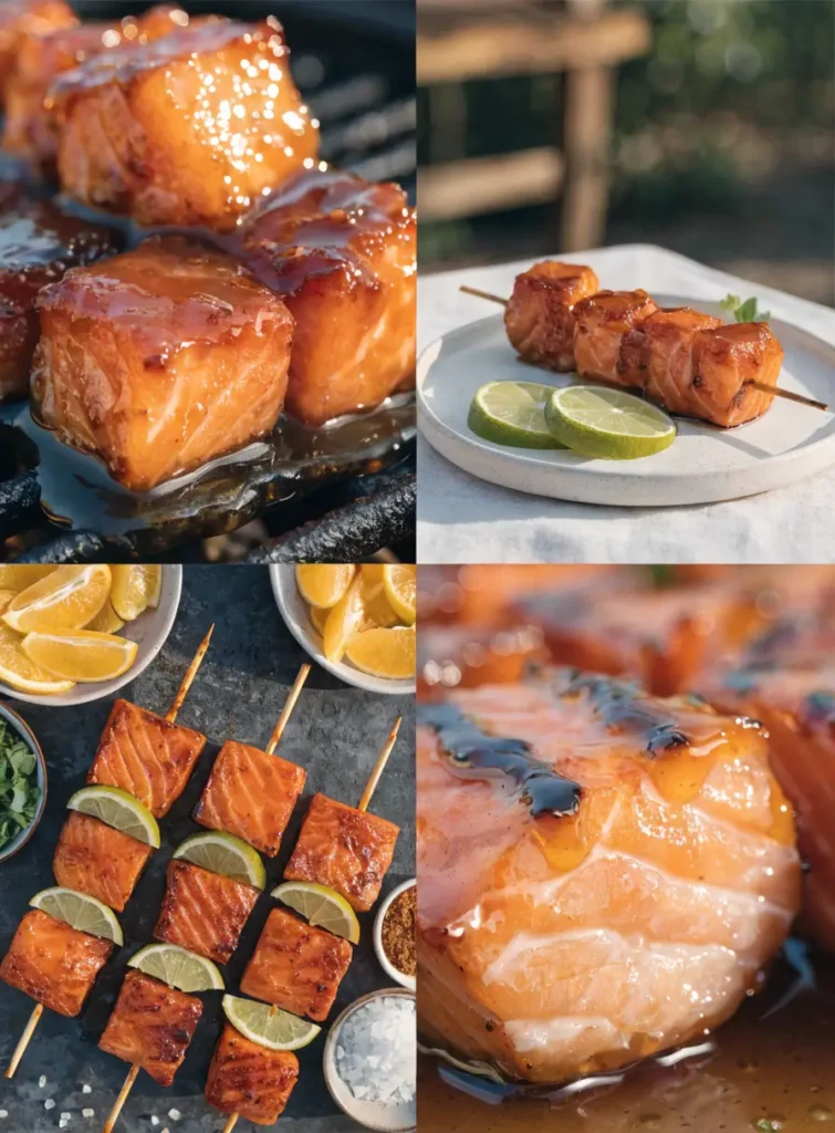Collage featuring BBQ honey lime salmon skewers from close-up, plated, overhead, and texture-focused perspectives.