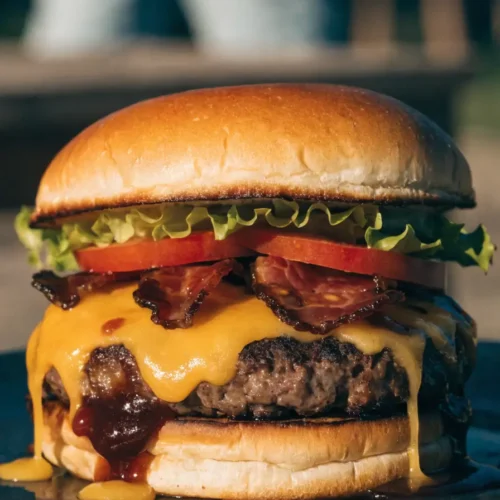 Close-up of BBQ bacon cheddar smash burger with crispy-edged beef patty, melted cheddar cheese, bacon, and barbecue sauce.