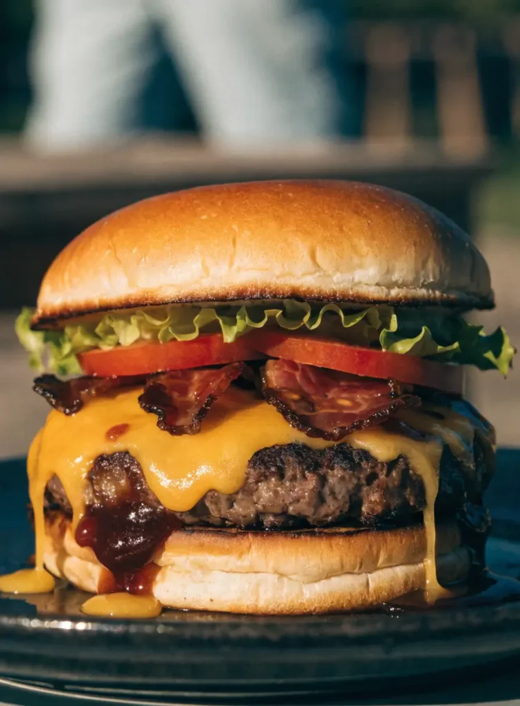 Close-up of BBQ bacon cheddar smash burger with crispy-edged beef patty, melted cheddar cheese, bacon, and barbecue sauce.