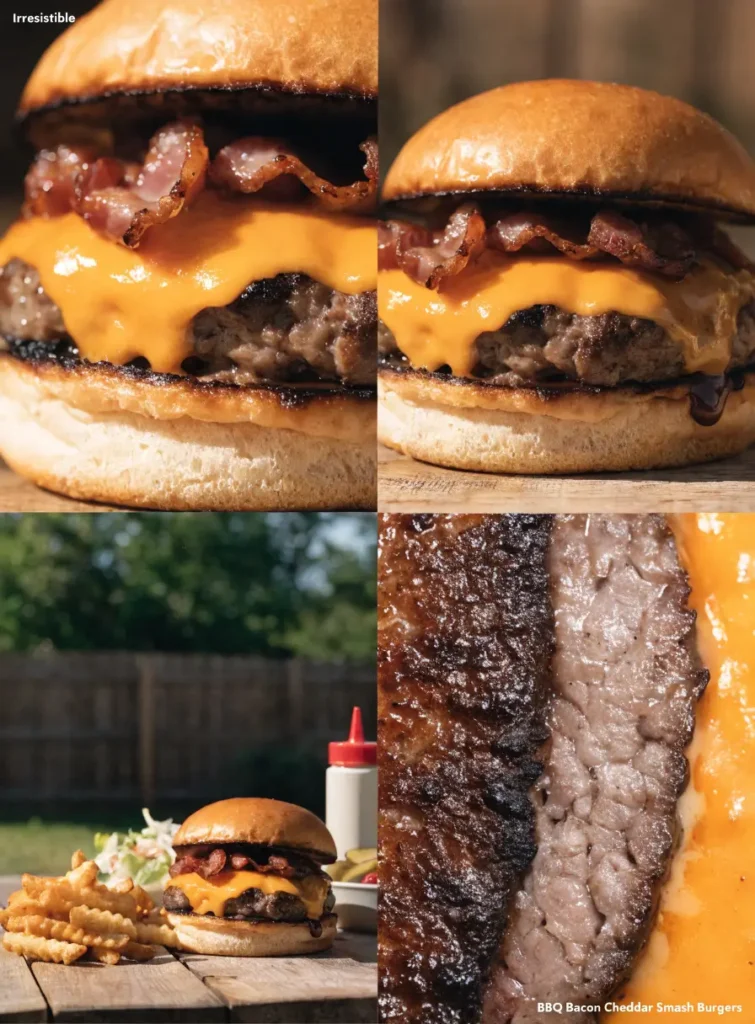 Collage featuring BBQ bacon cheddar smash burgers from close-up, front-view, meal presentation, and texture-focused perspectives.