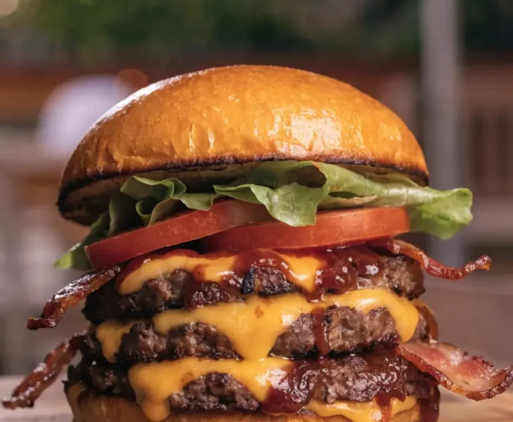 Front view of a BBQ bacon cheddar smash burger stacked with crispy beef patties, melted cheese, bacon, lettuce, and tomato.
